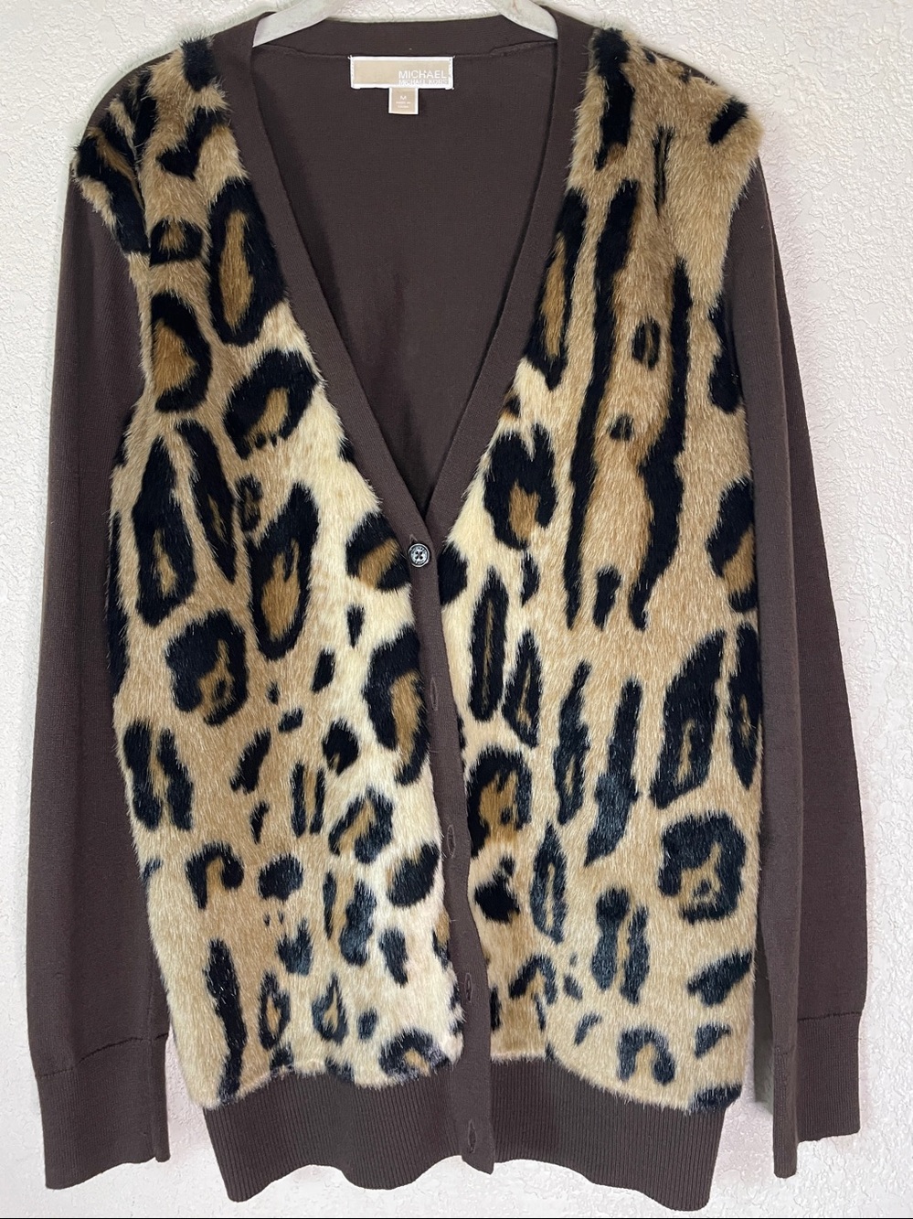 Michael Kors Brown and Black Leopard Faux-Fur Front Cardigan